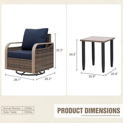 Modern Wicker Bistro Table and Chairs Set, Rattan Outdoor Bistro Set for Patio, Wicker Patio Swivel Rocking Chairs & Table, 3 Pieces, Brown/Blue