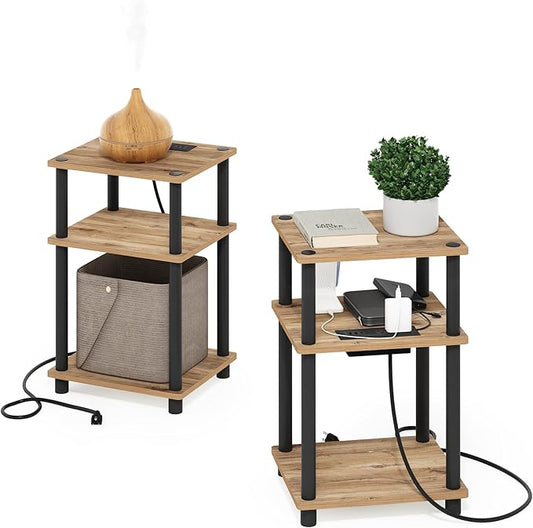 Furinno JUST Side Table Set of 2, 3-Tier Modern End Table with Charging Station, Open Shelf Night Stand, Bedside Table with USB and Type-C Port, for Living Room, Bedroom, Flagstaff Oak