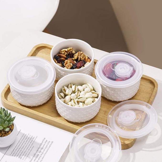 10 oz Set of 4 Oven-Safe Porcelain Ramekins with Lids, Large White Souffle and Creme Brulee Baking Dishes, Ramekin Bowls for Sauce and Dessert
