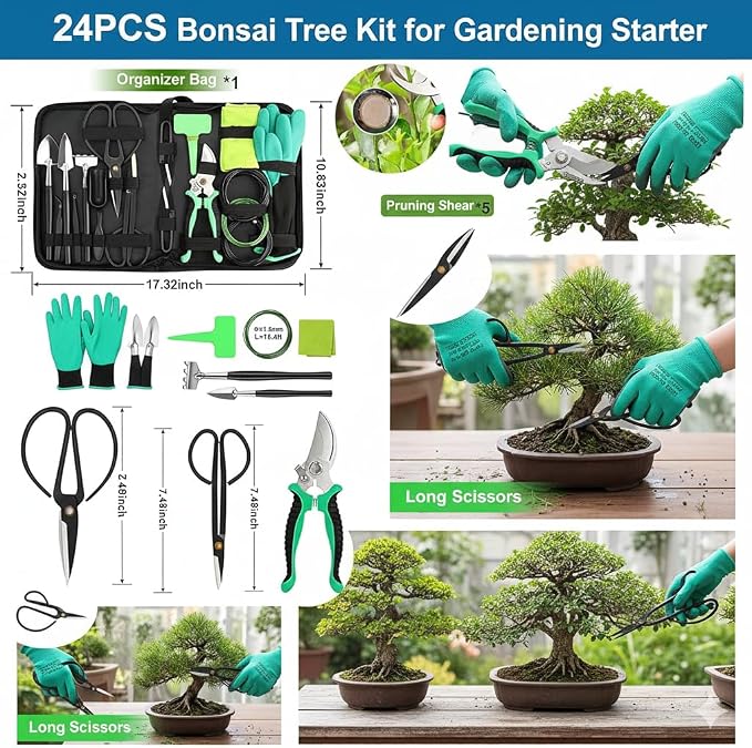 Bonsai Tools Kit 24 PCS for Beginners, Bonsai Tree Kit with PU Leather Bag, Pruning Shears, Scissors, Bonsai Wire, Succulent Repotting Tools, Gardening Gift for Women Men