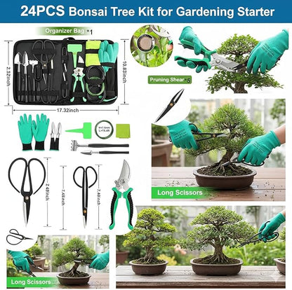 Bonsai Tools Kit 24 PCS for Beginners, Bonsai Tree Kit with PU Leather Bag, Pruning Shears, Scissors, Bonsai Wire, Succulent Repotting Tools, Gardening Gift for Women Men