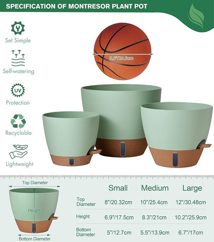 montresor 12/10/8 Inch Self Watering Pots for Indoor Plants Plastic Large Pot for Outdoor Plants, Water Level Window & Spacious Reservoir Flower Pots Decorative Planter with Drainage and Tray