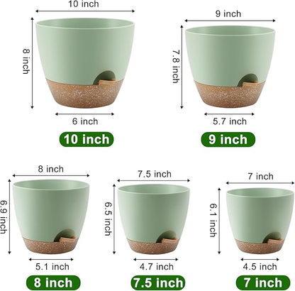 QRRICA Plant Pots 10/9/8/7.5/7 Inch Self Watering Pots, Set of 5 Plastic Planters with Drainage Holes and Saucers,Plastic Flower Pots,Nursery Planting Pot for Indoor Out Door Plants（Green）