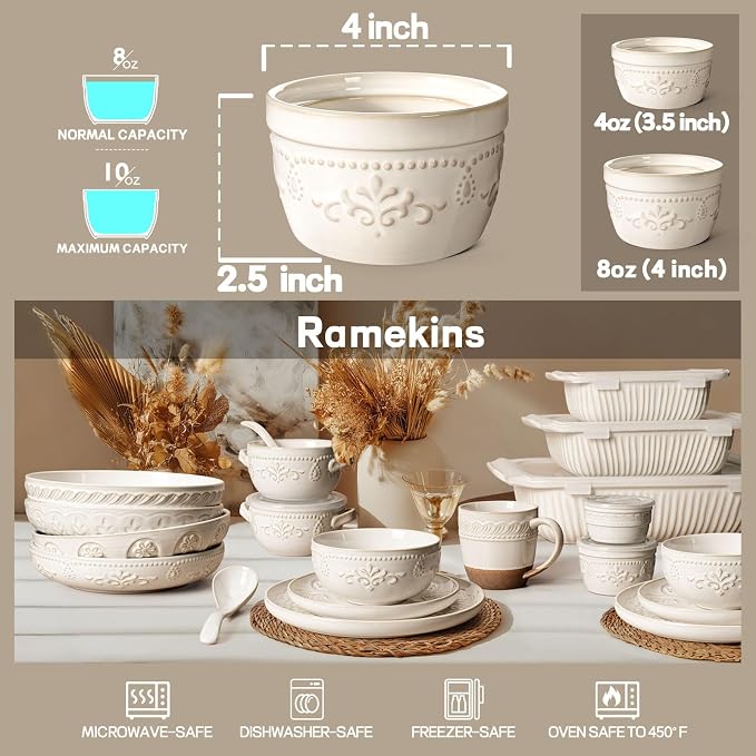 Artena Ramekins Oven Safe, Creme Brulee Ramekins, Embossed White Ceramic Ramiken, Souffle Pudding Custard Cups, Baking Dish, Dipping Bowls, Sauce Cups, Set Of 4 (8 oz, Damask Floral)