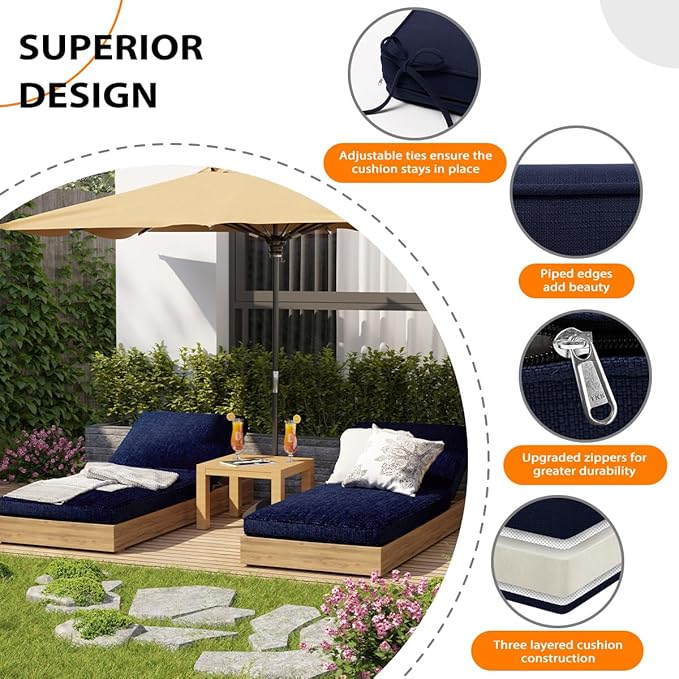 Sundale Outdoor Olefin Chaise Lounge Cushion Set of 2, Water-Resistant Patio Lounge Chair Cushion, Thick Lounger Pad with 4 Straps Navy Blue, 72 x 21 x 4 Inches