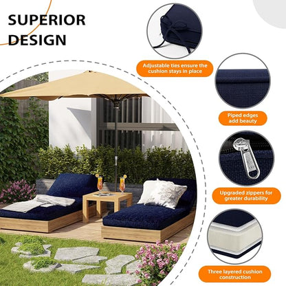 Sundale Outdoor Olefin Chaise Lounge Cushion, Water-Resistant Patio Lounge Chair Cushion, Thick Lounger Pad with 4 Straps Navy Blue, 72 x 21 x 4 Inches