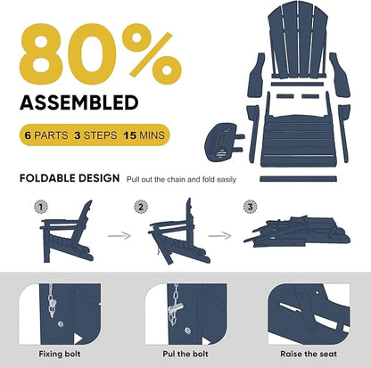 Adirondack Chair, HDPE Folding Adirondack Chair with Multifunctional Cup Holder, Weather Resistant Fire Pit Chair for porches, patios, patios, poolsides, Decks.