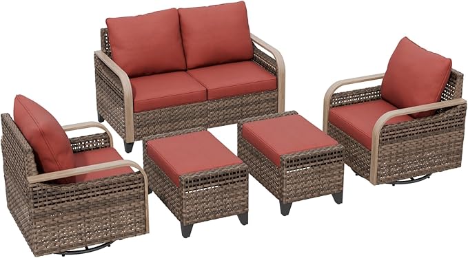 Modern Wicker Patio Furniture Set, Rattan Outdoor Conversation Set with Comfortable Cushions, 2 Swivel Rocking Chairs, 2 Seat Loveseat and 2 Ottomans, 5 Pieces, Brown/Red
