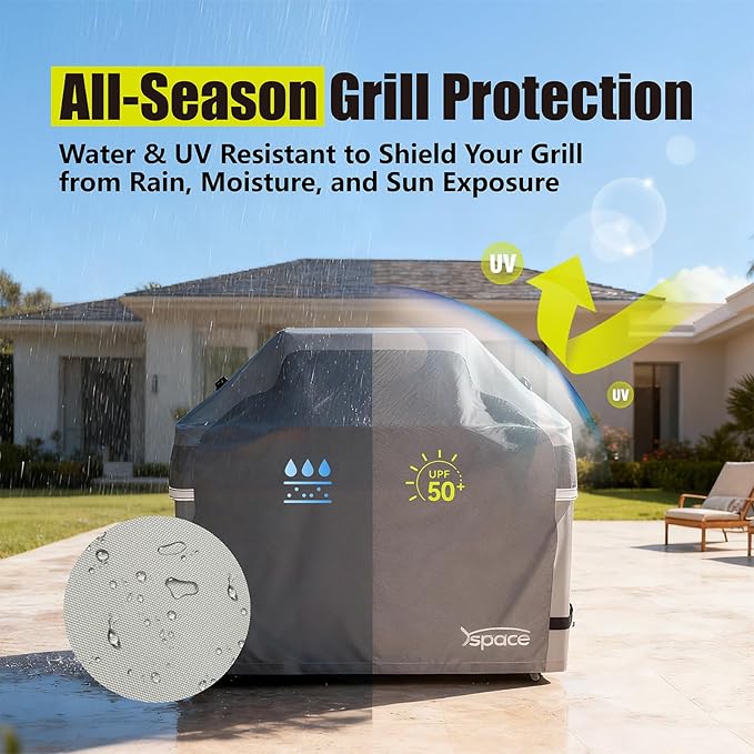 YSPACE Grill Cover 58 Inch Heavy Duty Waterproof, Reflective BBQ Gas Grill Cover with Adjustable Straps, Fits Weber Genesis II, LX 300 and Genesis 300 Series, Char-Broil, Nexgrill and More