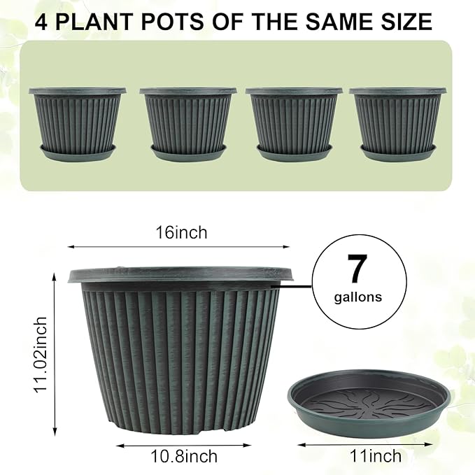 Large-Planter-Indoor-Outdoor Plant Pots, 16 inch 4 Pack Plastic Flower Pots with Saucer And Drainage Holes, Modern Garden Planters For Planting Medium Large Plants, Decorative Resin Garden Pots