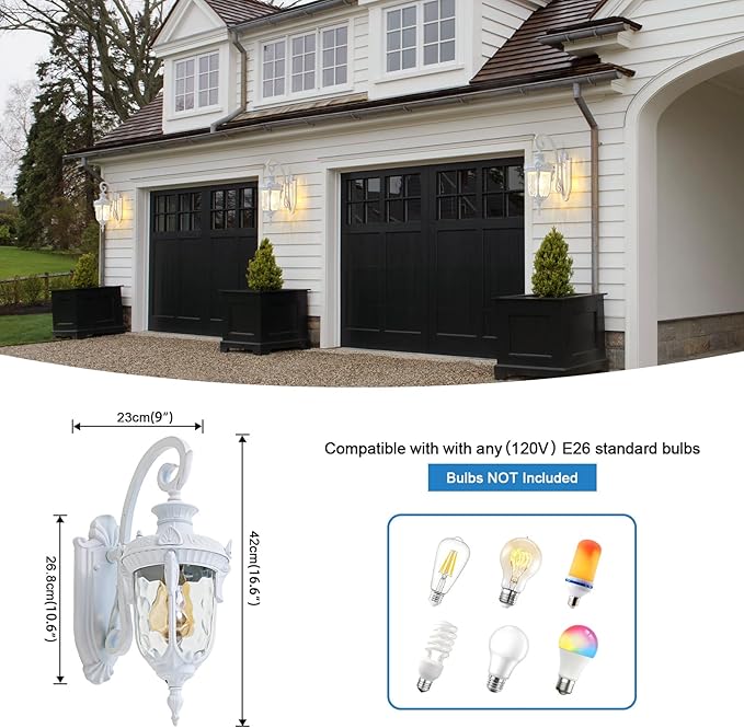 Outdoor Wall Lights, Waterproof Aluminum Porch Wall Light for Outside House, Patio, Yard, Garden, White Gooseneck Exterior Wall Sconce, Hardwired Outdoor Acorn Shape Lantern Lamp, Water Ripple Glass