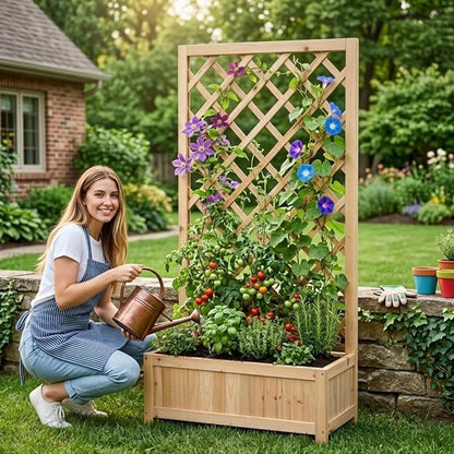 Wooden Raised Garden Bed with Trellis, 47" Outdoor Planter Box for Climbing Plants, Vertical Natural Wood Garden Planter for Vegetables, Flowers & Vines, Lattice Plant Support for Patio Yard Balcony