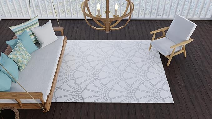 Mad Mats Outdoor Rug, Reversible Plastic Mat for Patio, Porch, Deck, Kitchen & Bath, Scallop, 5' x 8', Stone/White