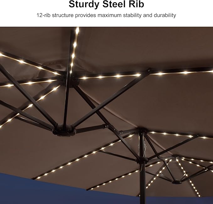 PURPLE LEAF 15ft Patio Market Umbrella with Solar LED and Base Double-Sided Rectangle Outdoor Table Sun Umbrellas with Crank for Pool Beach Deck Backyard Taupe