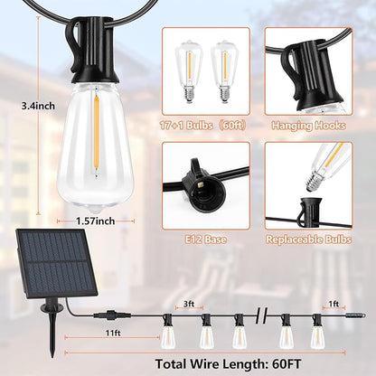Bosceos Solar Outdoor String Lights Waterproof, 60FT Solar Powered String Lights for Outside with Shatterproof Bulbs, Dimmable ST38 LED Lights String, Patio Hanging Lights for Backyard Garden Party