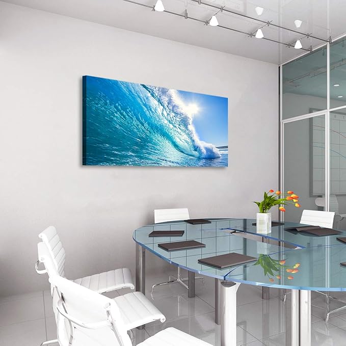 Haichuang Decor Art Ocean Wave Canvas Wall Art, 40x20 Inches Framed Turquoise Sea Wave Wall Decor, Wood Frame Waterproof HD Giclee Print, Ready to Hang Coastal Artwork for Living Room Bathroom Office