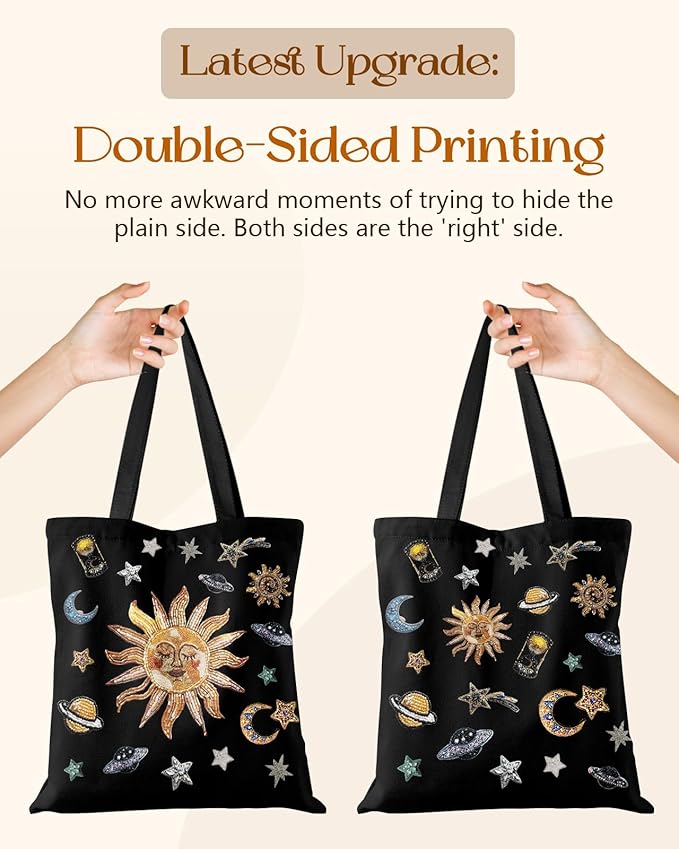 Miss Adola Canvas Tote Bag for Women – Aesthetic Canvas Bag with Zipper Cute Stylish Reusable Shoulder Totes for Shopping Work Daily Vacation, Sun Planets
