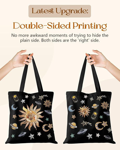 Miss Adola Canvas Tote Bag for Women – Aesthetic Canvas Bag with Zipper Cute Stylish Reusable Shoulder Totes for Shopping Work Daily Vacation, Sun Planets