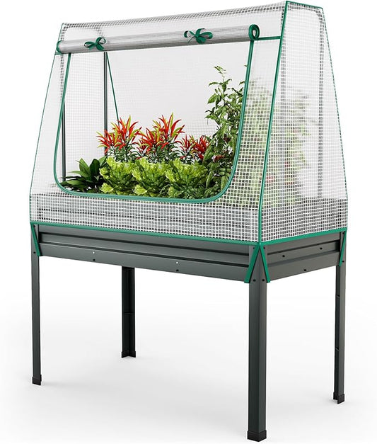 Giantex 3-in-1 Raised Garden Bed with Greenhouse Cover & Trellis Rope, Galvanized Metal Elevated Planter Box w/ Legs, Drainage Holes, 46”x23.5”x59” Raised Bed for Flower Herb Vegetable, Easy Assembly