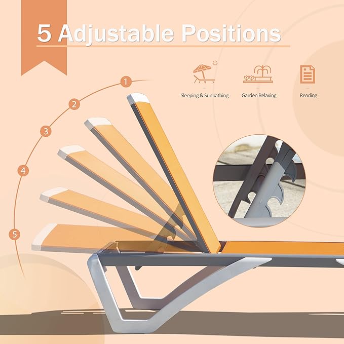 Domi Outdoor Lounge Chair, Aluminum Lounge Chair for Outside with 5 Position Adjustable Backrest, Outdoor Chaise Lounge for Beach, Yard, Balcony, Poolside(1 Orange Chair W/O Table)