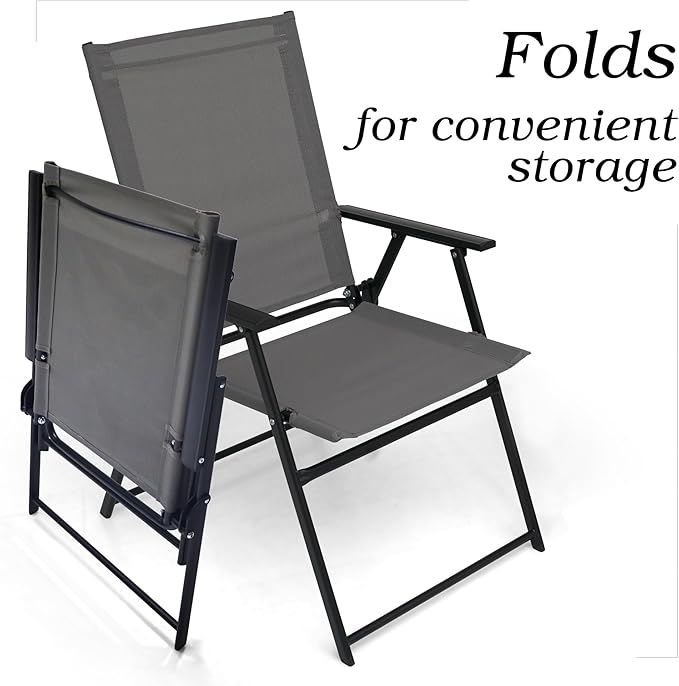 Patio Folding Chairs Set of 4, Outdoor Portable Dining Chair with Sling Back and Armrests for Lawn Camping Courtyard Balcony Garden Grey