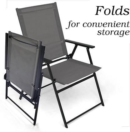 Patio Folding Chairs Set of 4, Outdoor Portable Dining Chair with Sling Back and Armrests for Lawn Camping Courtyard Balcony Garden Grey