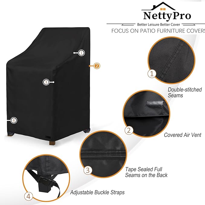 NettyPro Stackable Patio Chair Covers Waterproof Outdoor Patio Furniture Stacking Chair Cover, Fits for 4-6 Stack Dining High Back Chairs, 26" W x 35" D x 45" H, Black