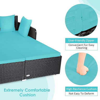 COSTWAY Outdoor Patio Rattan Daybed, Sponge Cushioned Loveseat Sofa with 4 Pillows, Wicker Furniture Sunbed for Balcony, Courtyard (Turquoise)