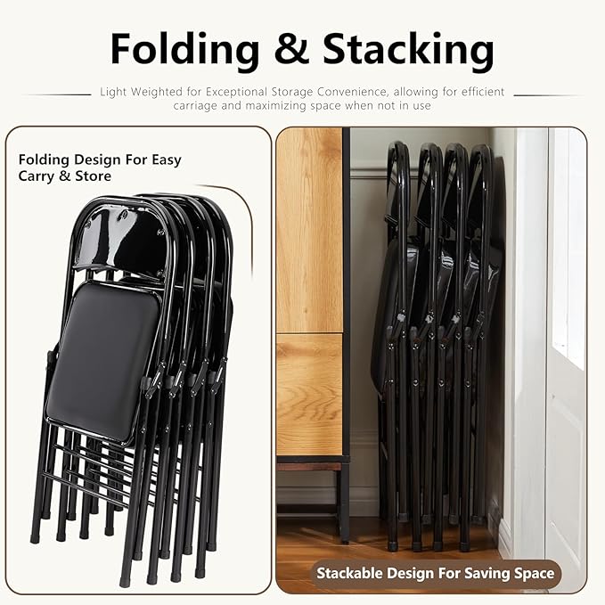 DUMOS 6 Pack Leather Padded Folding Chair, Indoor Outdoor Portable Stackable Commercial Seat with Steel Frame, Capacity for Home, Office, Party, Comfy, Black