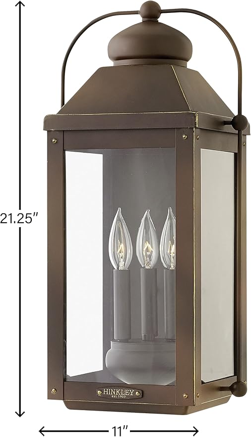 Hinkley Anchorage Large Wall Mount Outdoor Lantern - Aluminum, Clear Glass, Arched Carriage Handle, LED Included - Light Oiled Bronze Finish