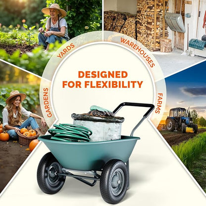 Upgrade 2 Wheel Wheelbarrow, Yard Cart with Padded Handlebar, 14 Inch Pneumatic Tires for High Stability, Ideal for Moving Soil, Plant Shrub, Gardening Tool, Easy Assembly