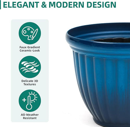 15" Outdoor Large Flower Pots (Set of 2), Gradient Blue Plastic Planters with 3D Texture, Weather-Resistant for Garden, Patio, Porch or Indoor Use