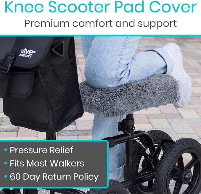 Vive Mobility Knee Scooter Pad Cover - Soft Plush Adult Sheepskin Memory Foam Cushion, Walker Accessory for Knee Roller, Padded Leg Cart Improves Comfort with Injury, Universal Fit (Gray)