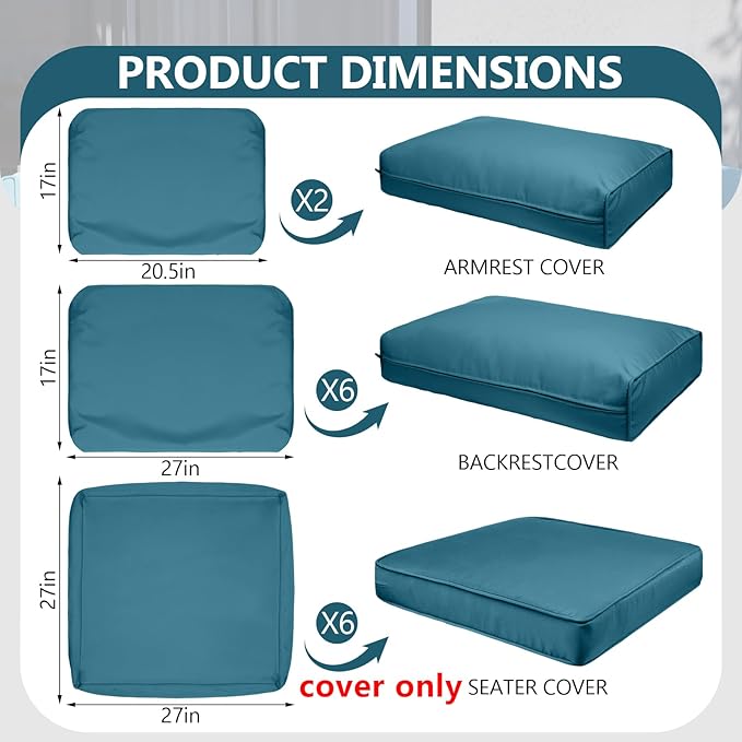 14 Piece Outdoor Patio Waterproof Cushion Covers, Fits 6-Seat Wicker Rattan Sectional Couch Chair Furniture Cover Replacement Set - Fade-Resistant Patio Cushion Covers with Zipper