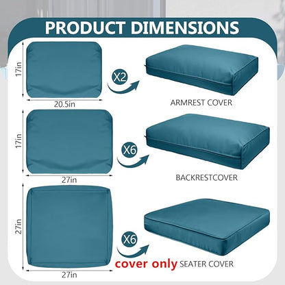 14 Piece Outdoor Patio Waterproof Cushion Covers, Fits 6-Seat Wicker Rattan Sectional Couch Chair Furniture Cover Replacement Set - Fade-Resistant Patio Cushion Covers with Zipper