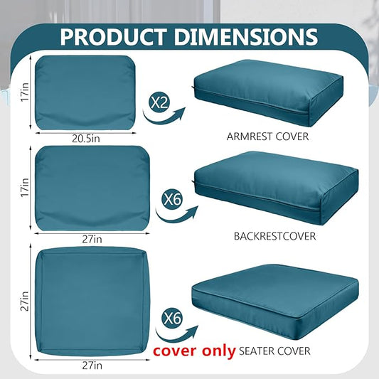 14 Piece Outdoor Patio Waterproof Cushion Covers, Fits 6-Seat Wicker Rattan Sectional Couch Chair Furniture Cover Replacement Set - Fade-Resistant Patio Cushion Covers with Zipper