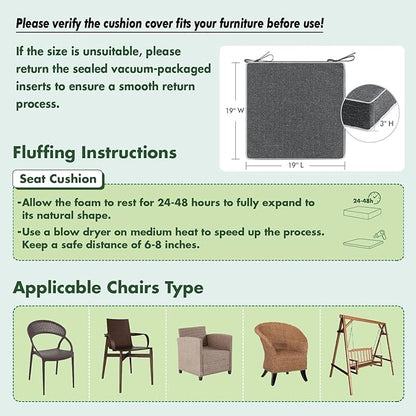 MIULEE Dark Grey Outdoor Chair Cushions Set of 2, 19x19x3 Inch Waterproof Patio Seat Cushions for Outdoor Furniture Couch Sofa, 3 Year Color Fastness High Density Foam with Adjustable Ties