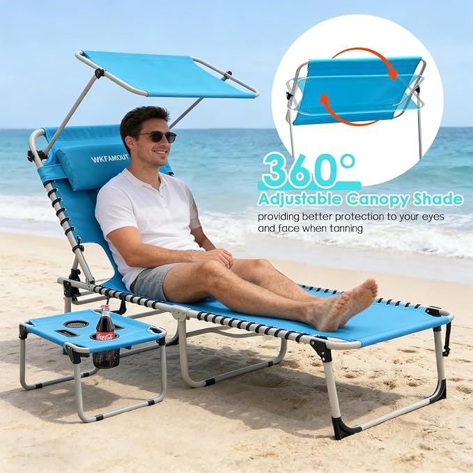 Outdoor Tanning Chair with Sun Canopy Shade & Face Hole, Folding Lounge Chair with Beach Table and Carry Bag for Poolside Sunbathing Lawn
