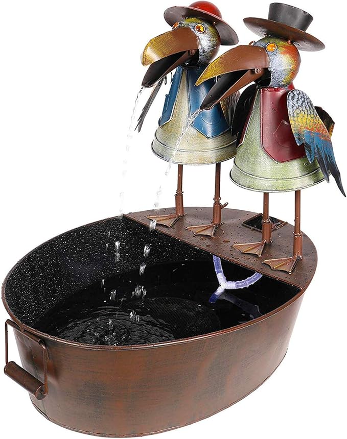 Alpine Corporation 20" Outdoor Tabletop Vintage Rustic Metal Crow Birds, Brown - Charming Waterfall Fountain – Whimsical Garden Decoration - Durable Design for Patio, Yard, Deck