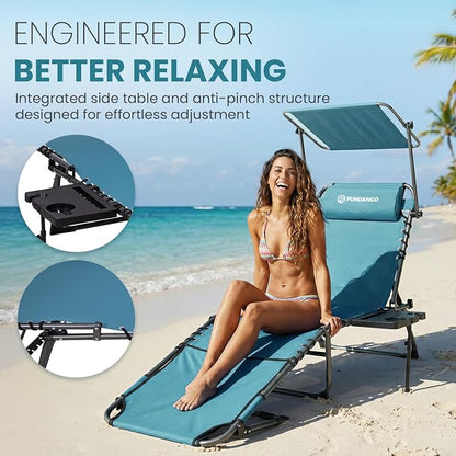 FUNDANGO 400lbs Heavy Duty Tanning Chair with Face Hole & Canopy, Cyan | Face Hole & Canopy, 400lbs Capacity, Side Table, 5-Position Sun Lounger, Anti-Pinch Safety Lock