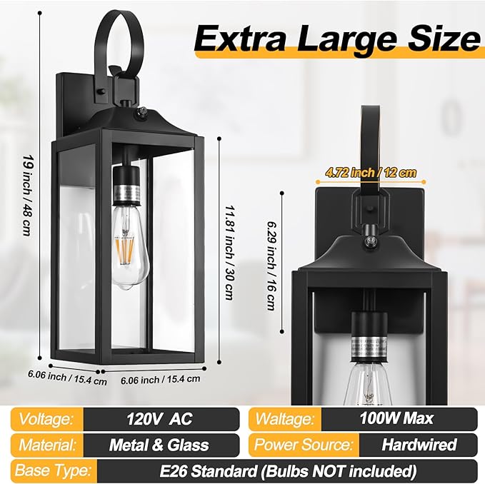 Black Dusk to Dawn Outdoor Wall Lantern, 19" Large Outside Modern Wall Sconce Light Fixture, Farmhouse Porch Light Waterproof for House