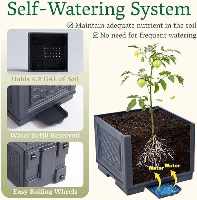 Rolling Tomato Planter with Trellis | Self-Watering Raised Garden Bed Tomato Pots for Growing Tomatoes | Planter Box with Trellis with Wheels for Climbing Plants Greenhouse Indoor Outdoor
