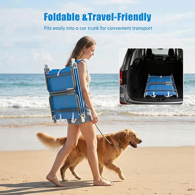 SUNNYFEEL Beach Lounge Chair, Reclining Beach Chairs Lay Flat, Sun Face Down Tanning Chair, Folding Camping Chairs Portable Camp Cot with Straps for Outdoor/Picnic/Lawn