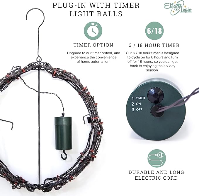 Elf Logic 16” Outdoor/Indoor LED Christmas Light Ball with Automatic Timer. Durable, Waterproof, Long-Lasting, Lightweight Bright Light Ball. Warm LED Lights for Holiday Decor, Patio, Wedding Decor