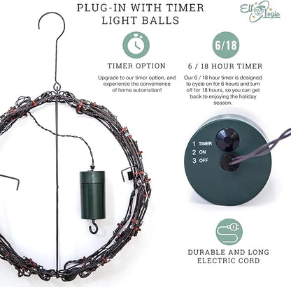 Elf Logic 16” Outdoor/Indoor LED Christmas Light Ball with Automatic Timer. Durable, Waterproof, Long-Lasting, Lightweight Bright Light Ball. Warm LED Lights for Holiday Decor, Patio, Wedding Decor