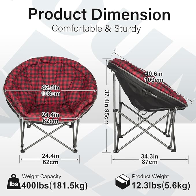 Oversized XXL Folding Round Camping Chair,Super Comfy Padded Moon Camp Chairs,Heavy Duty Supports 200 Kg Outdoor Lawn Chairs for Adults,Perfect for Indoor,Family Camping,Hiking,Picnics and Garden