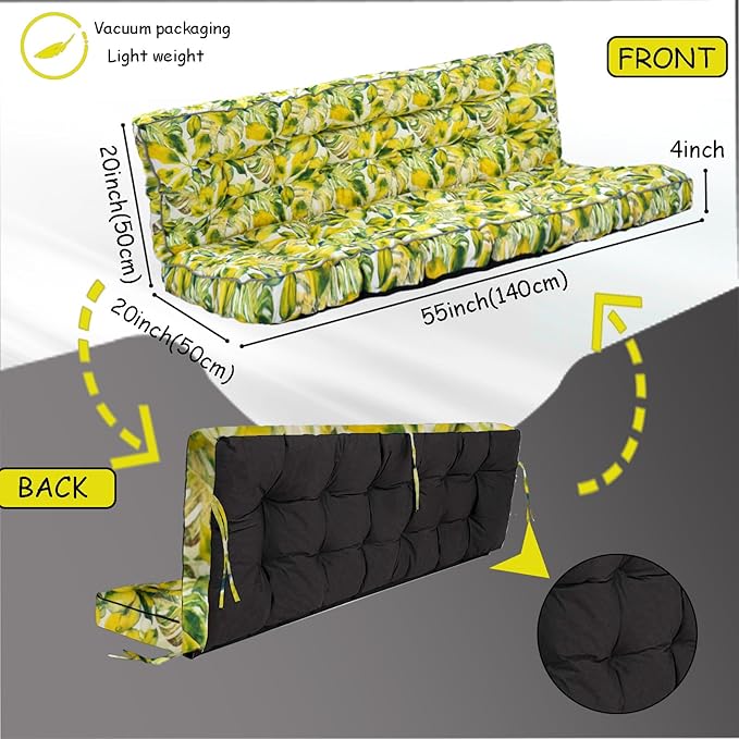 Porch Swing Cushion Three Seat, Waterproof Swing Cushions Replacement with Backrest, Outdoor Garden Furniture Patio 4" Thickened Cushions with Ties (Lime Green, 40 x 63in)