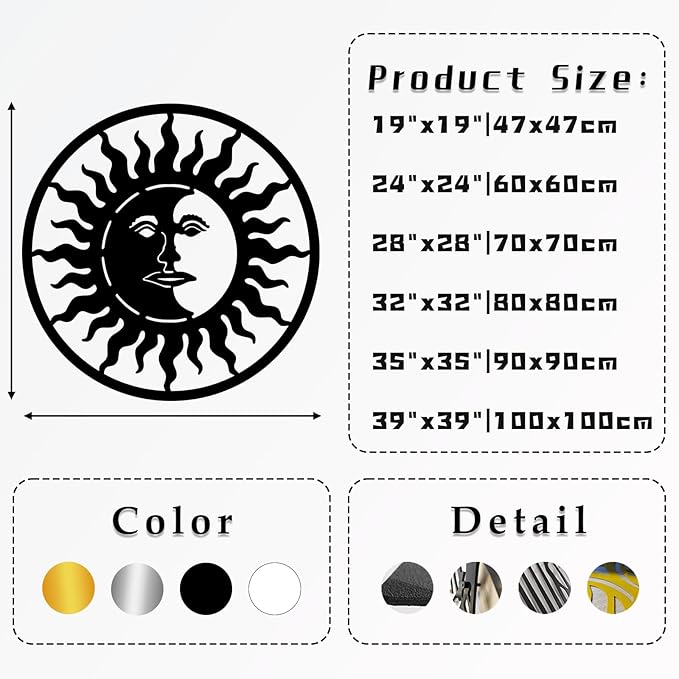 Sun and Moon Wall Decor, Metal Sun and Moon Wall Art, Boho Wall Art, Large Modern Wall Sculpture, Celestial Wall Hanging, Home Decor, Indoor Outdoor Wall Decor (Black, 28"x28"|70x70cm)