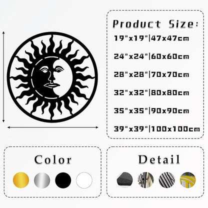 Sun and Moon Wall Decor, Metal Sun and Moon Wall Art, Boho Wall Art, Large Modern Wall Sculpture, Celestial Wall Hanging, Home Decor, Indoor Outdoor Wall Decor (Black, 28"x28"|70x70cm)
