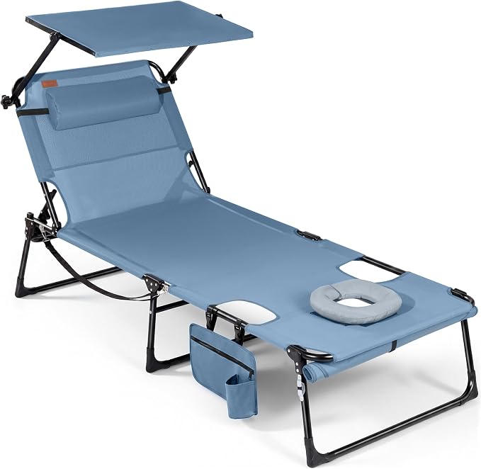 Tanning Chair with Face Hole & Canopy, 28'' Extra Wide, Blue | Folding Chaise Lounge Chair with 4-Position Adjustable Backrest for Beach, Pool, Patio & Camping